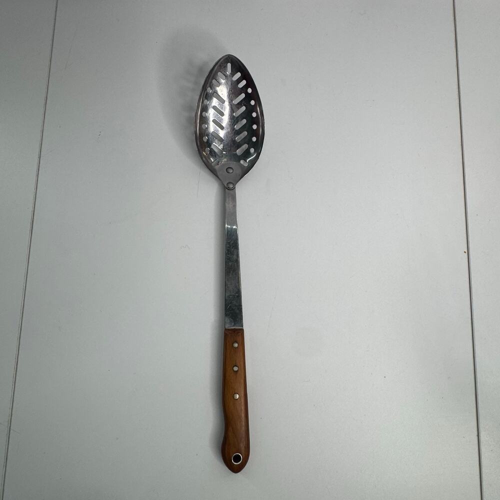 Vintage Imperial USA Stainless Steel Slotted Spoon Wood Handle
